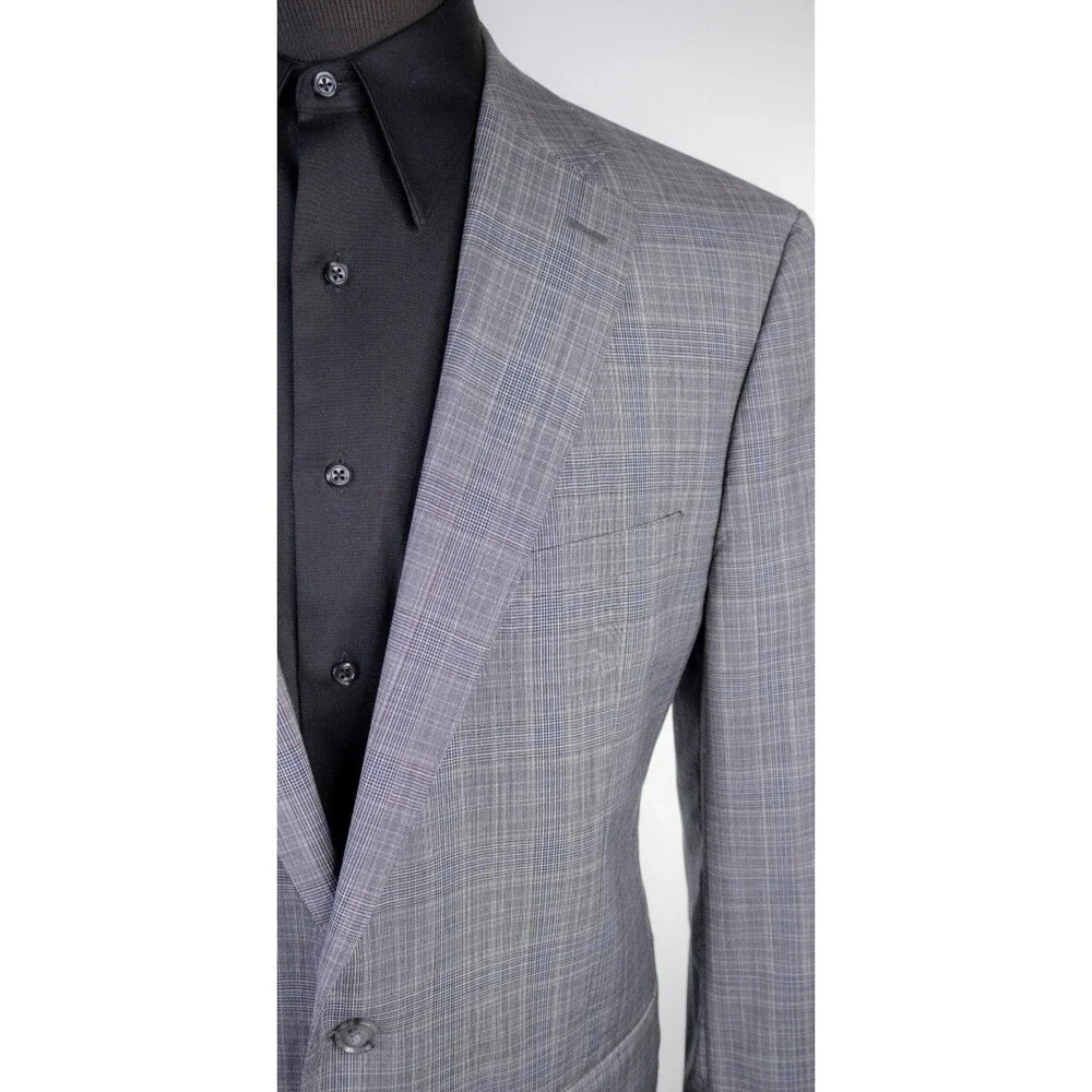 Calvin Klein 2-Pcs Plaid Gray Wool Suit Jacket Blazer 46R Pants 42X28 2-Button